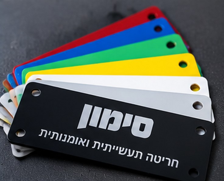 מניפה של לוחות PVC בצבעים שונים עם שלט שחור חרוט
