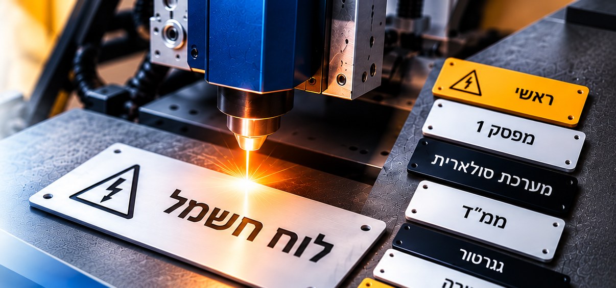 מכונת חריטה מייצרת שלט לוח חשמל, ולידו שלטי סנדוויץ בצבעים שונים