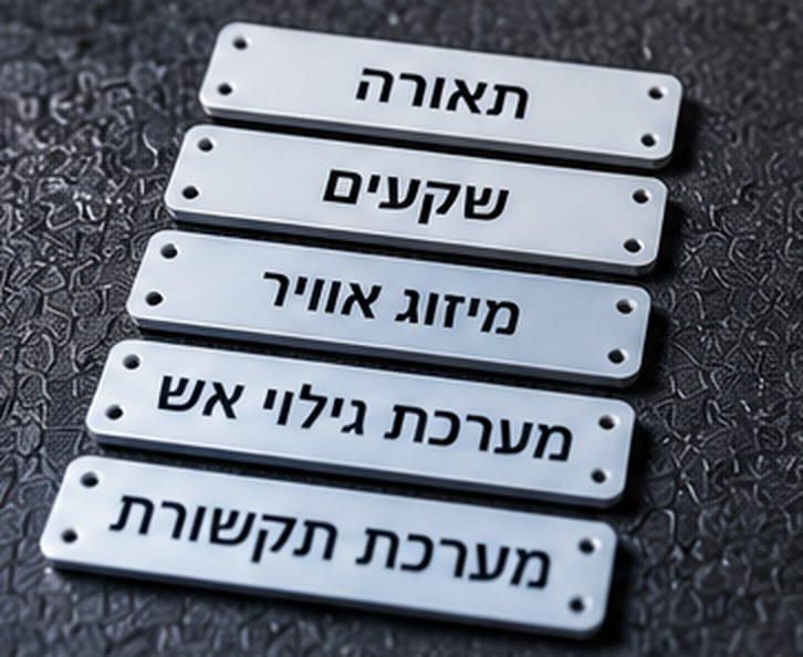 שלטים כסופים חרוטים: תאורה, שקעים, מיזוג אוויר, גילוי אש ותקשורת