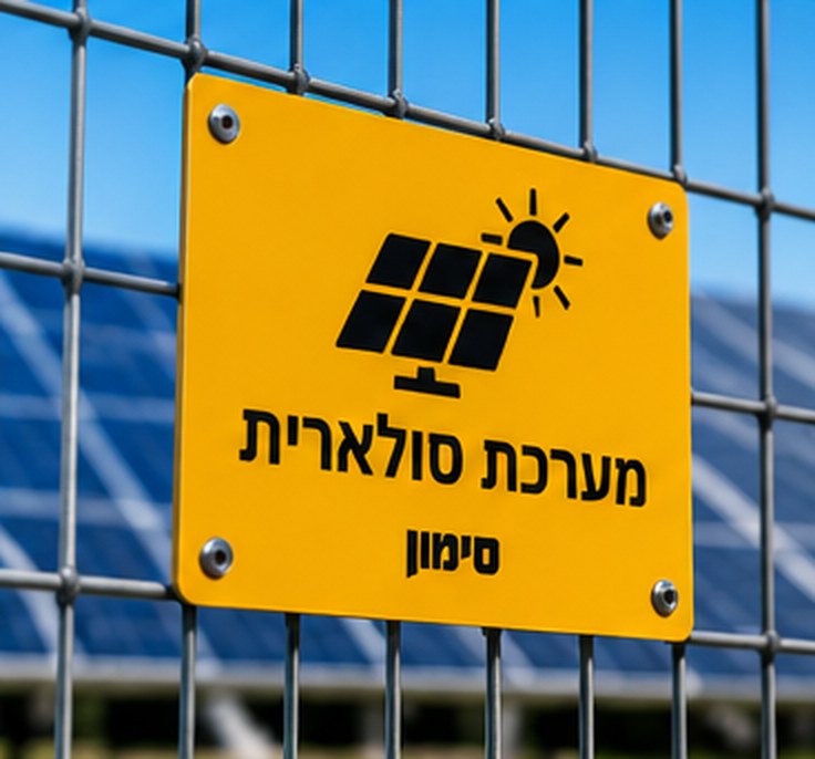 שלט צהוב מערכת סולארית על גדר מול פאנלים