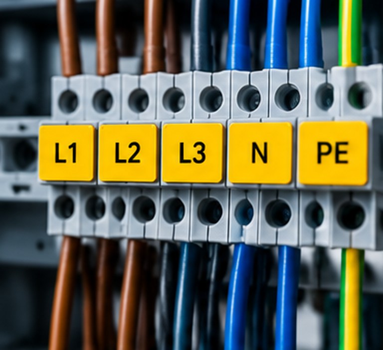 מהדקי חשמל עם תוויות צהובות L1, L2, L3, N ו-PE